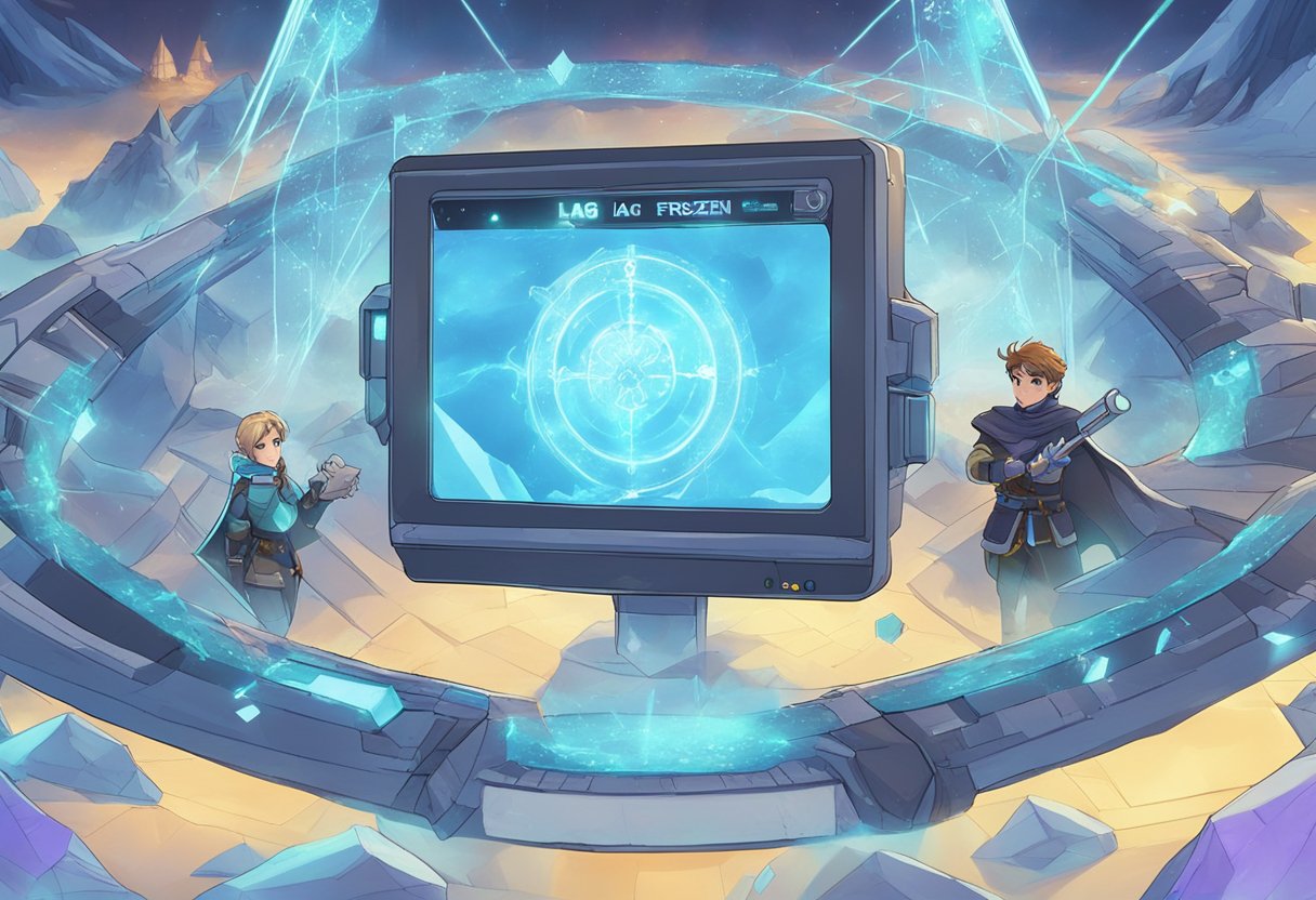 A computer screen displays a "connection lost" message while a character in the game stands frozen in the middle of a battle, surrounded by lag indicators