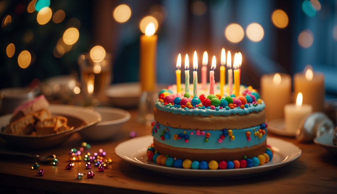 A birthday cake with lit candles sits on a table surrounded by colorful decorations and presents