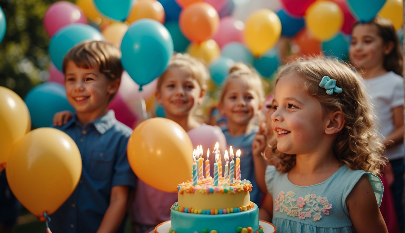 A colorful party with balloons, toys, and a birthday cake. Children playing and laughing, while parents watch and take photos