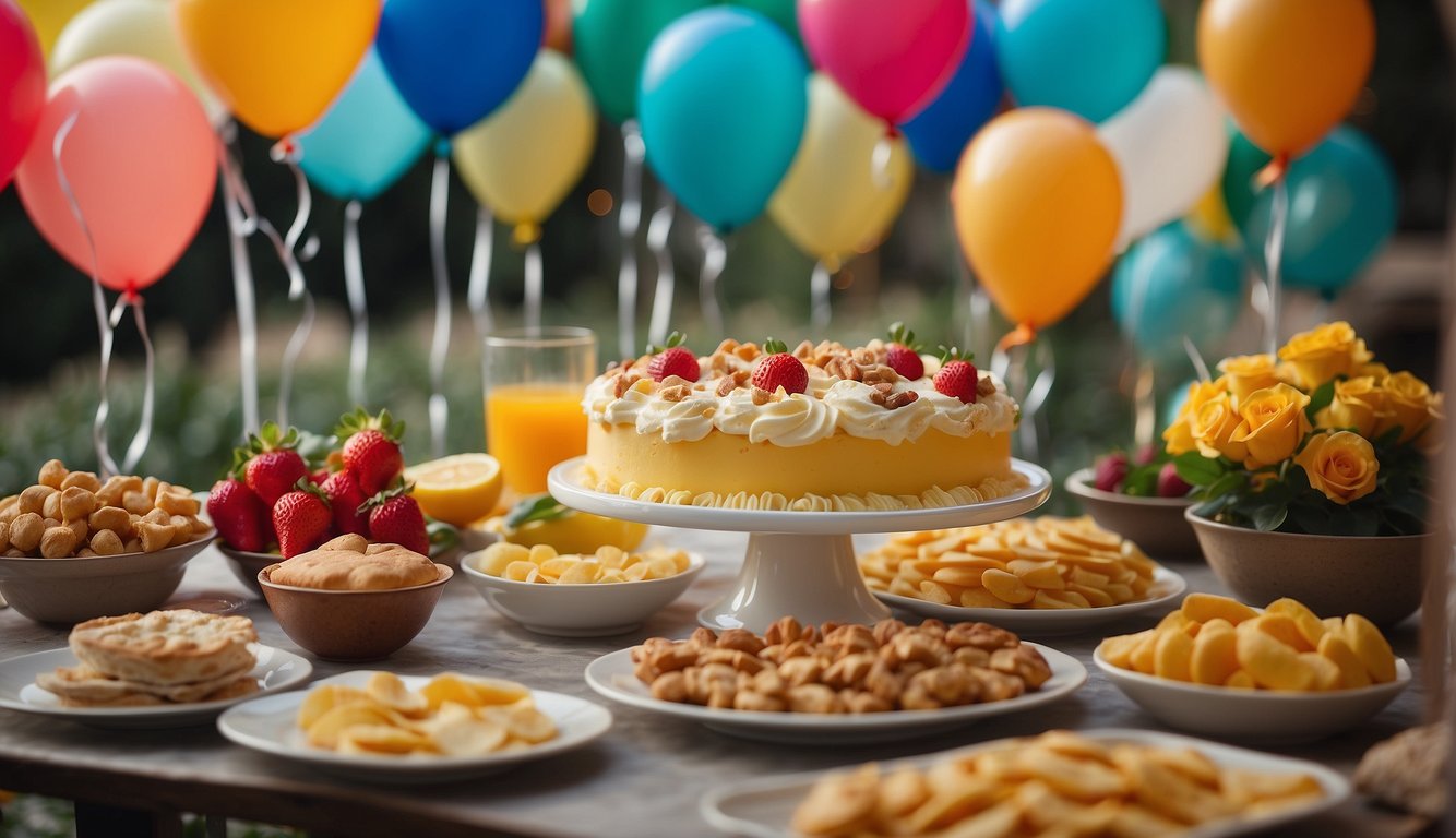 A festive table with colorful balloons and a variety of food and drinks for a 1st birthday celebration