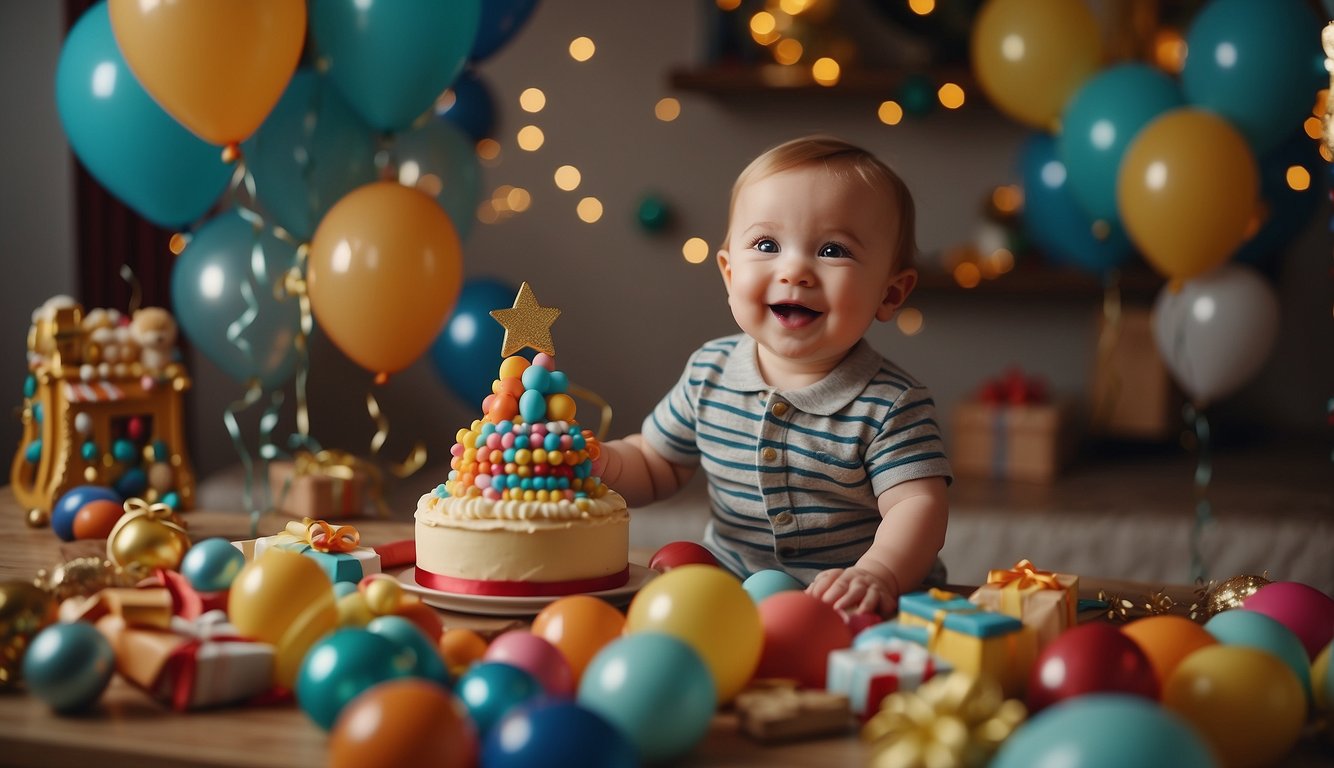 Colorful decorations, balloons, and a festive cake on a table. A smiling baby surrounded by toys and presents. Parents watching with joy