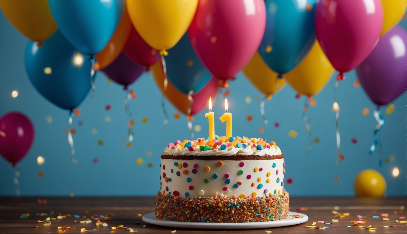 A colorful birthday cake surrounded by balloons and confetti. A banner reads "Frequently Asked Questions 1. Geburtstag."