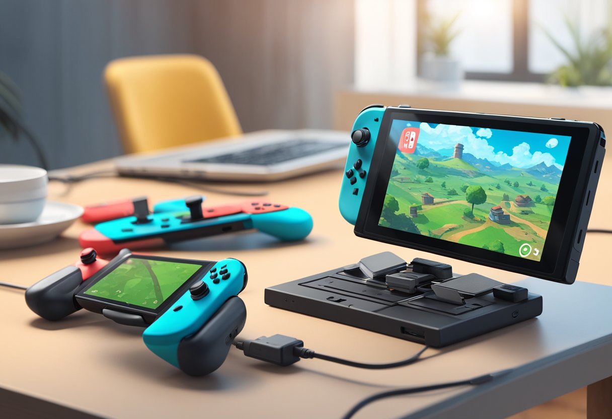 Nintendo switch on table, screen black. Hand holds power button, then volume + and -. No response. Charger plugged in