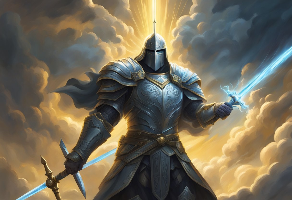 A bright, radiant figure stands tall, surrounded by dark, swirling clouds. Rays of light pierce through the darkness, illuminating the figure as it holds a shield and sword, ready for battle