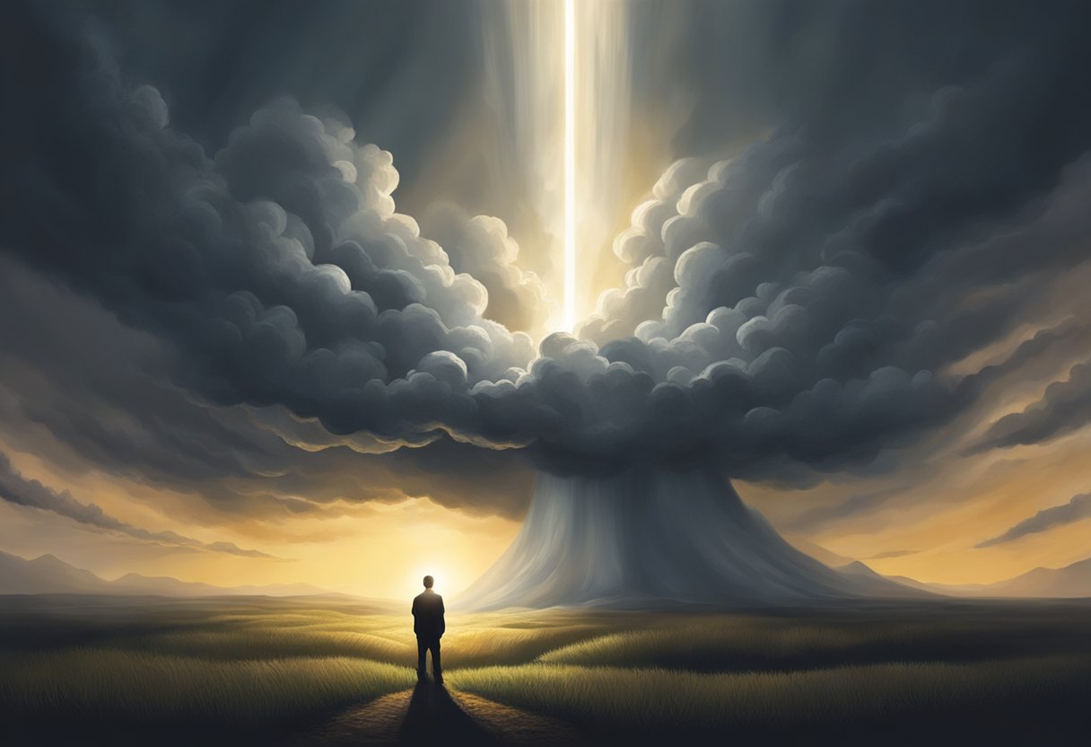 A dark cloud looms over a person, while a radiant light battles to break through, symbolizing the spiritual warfare against depression