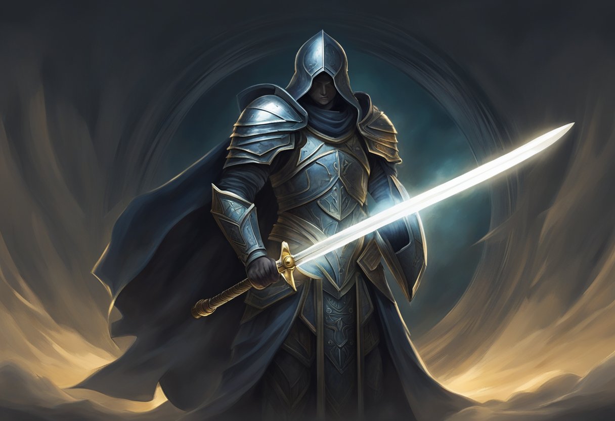 A figure stands strong, surrounded by darkness. Light radiates from within, pushing back the shadows. A shield and sword symbolize the spiritual battle against depression