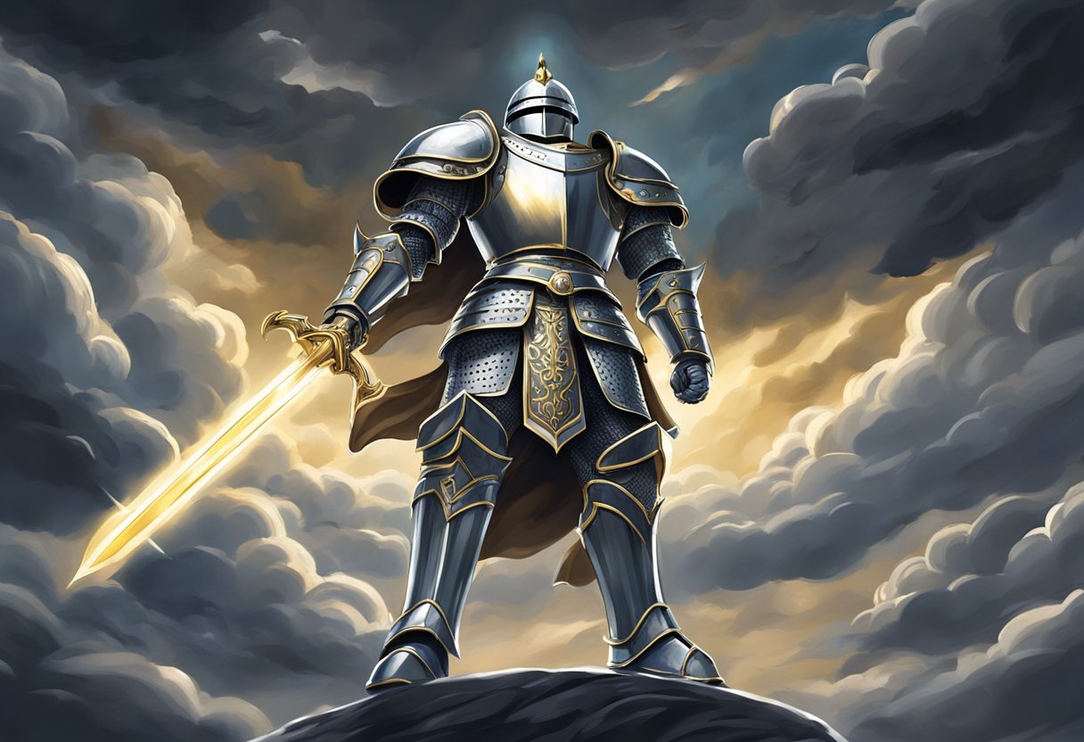 A shining suit of armor stands tall, surrounded by swirling dark clouds. A radiant sword pierces through the darkness, symbolizing the spiritual battle against depression