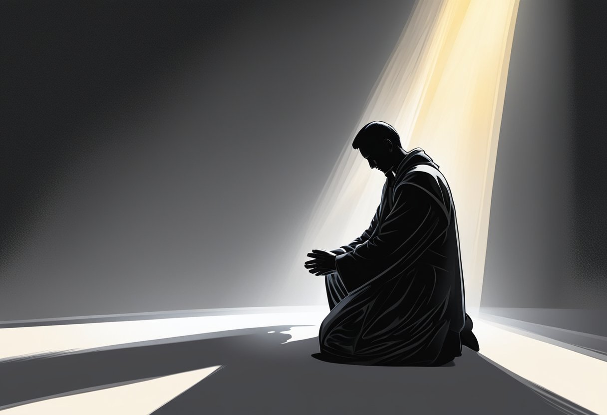 A person kneeling in prayer, surrounded by dark, menacing shadows. A beam of light breaks through, symbolizing hope and spiritual strength