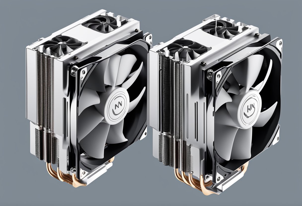 Two CPU coolers side by side, one labeled "noctua nh d15" and the other "nh d15s." Both have distinct features for comparison