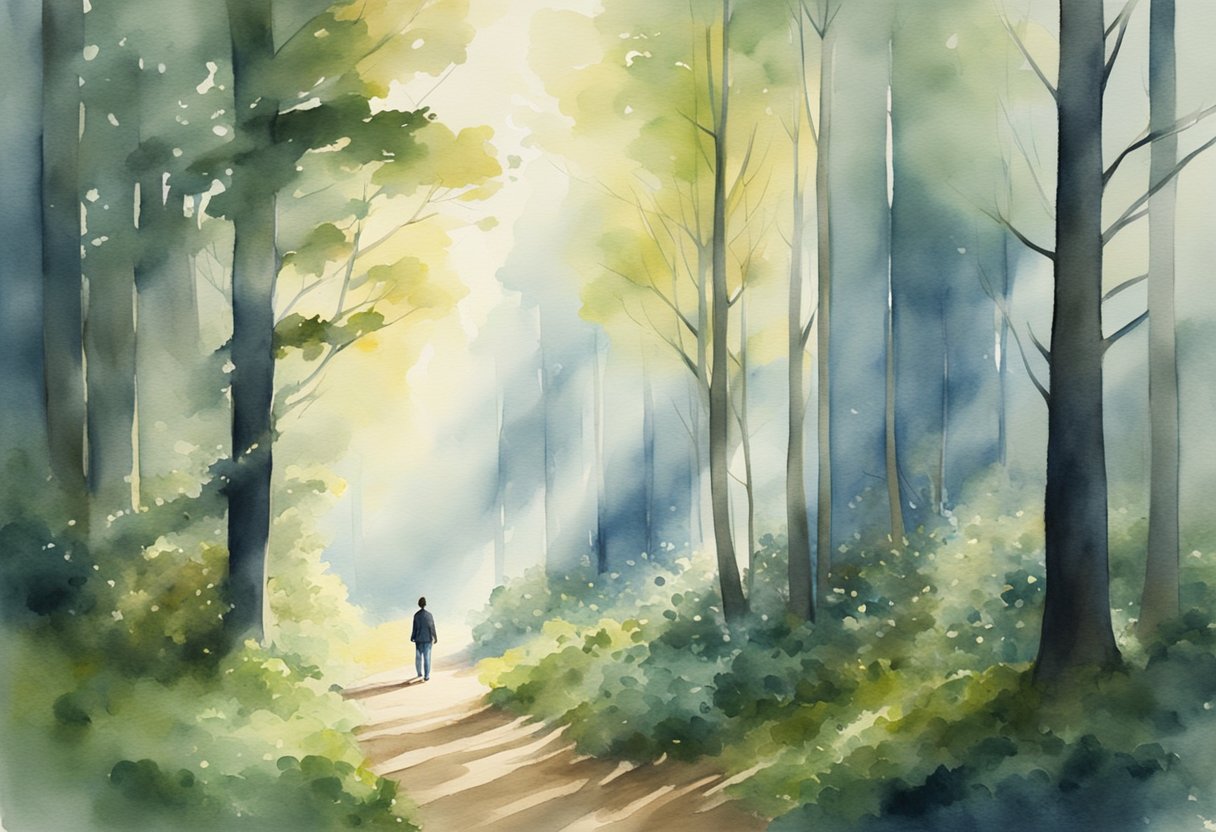 A serene forest with a beam of light shining through the trees, illuminating a path. A figure walks towards the light, surrounded by ethereal spirits