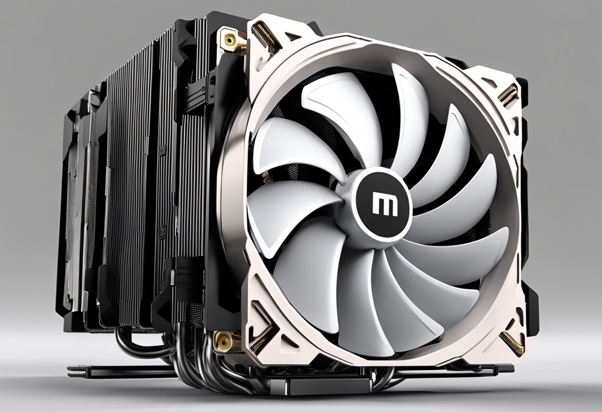 A sleek, black Noctua NH-D15 Chromax cooler sits atop a high-end CPU, with its dual tower design and six heat pipes exuding a sense of power and quality