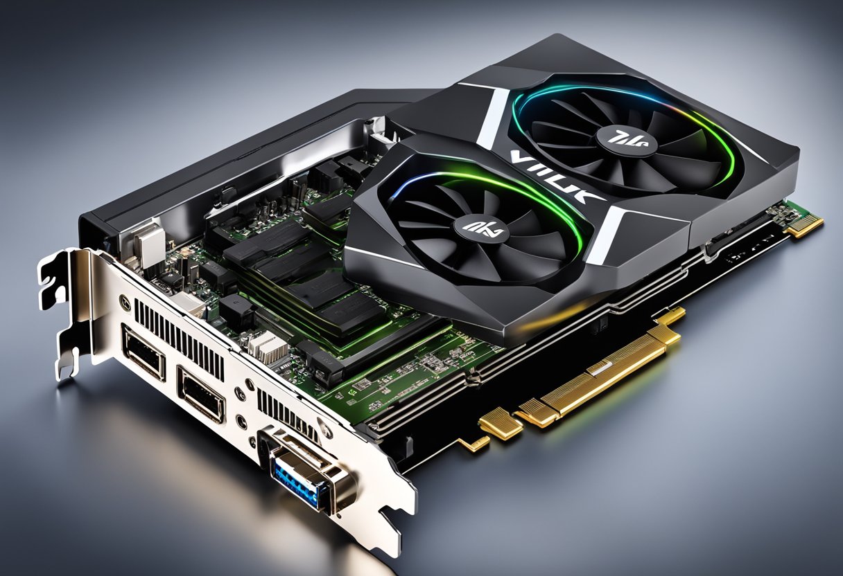 Two graphics cards connected by NVLink bridge, illustrating the concept of NVLink vs SLI for a technical illustration