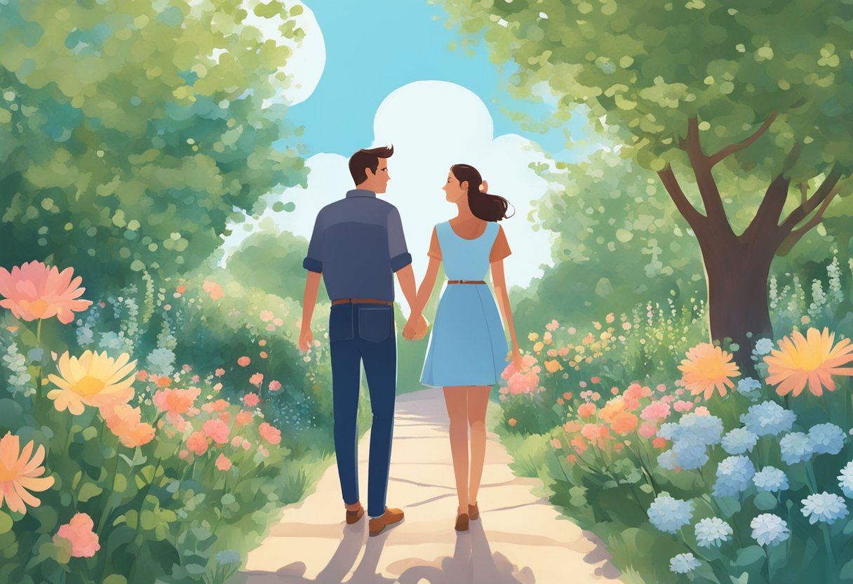 A lush garden with blooming flowers and a clear blue sky, with a couple standing in the center, holding hands and looking hopeful