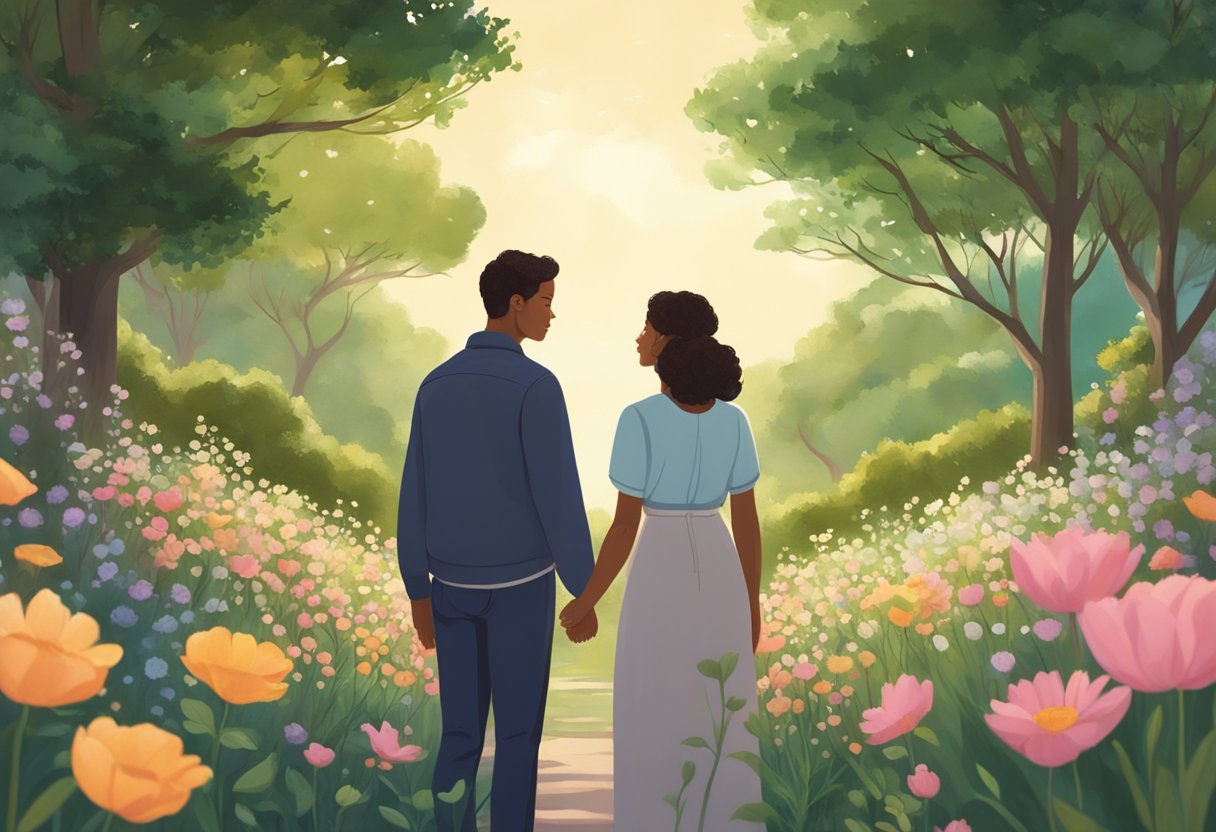 A couple stands in a peaceful garden, surrounded by blooming flowers and lush greenery. They hold hands and look up at the sky, as if sending their hopes and prayers for fertility into the universe