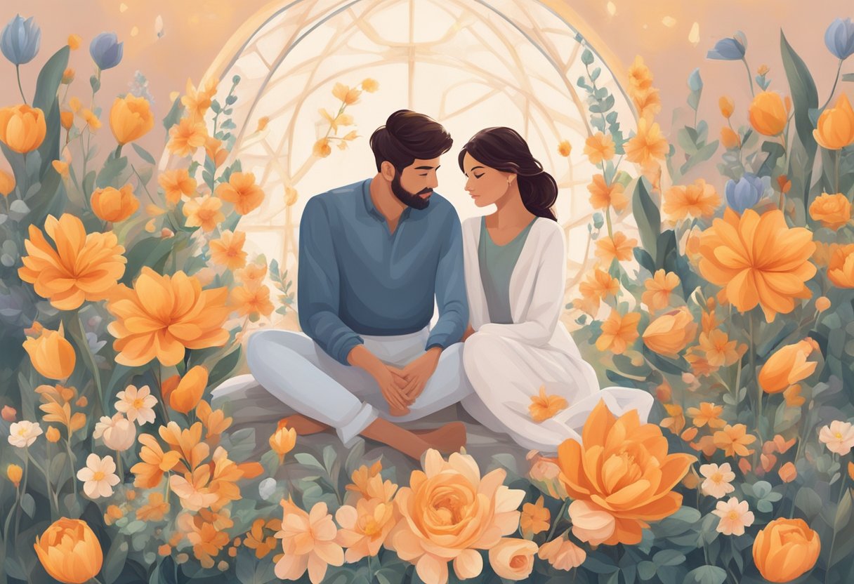 A couple sits side by side, holding hands, surrounded by symbols of fertility - blooming flowers, ripe fruits, and a glowing candle