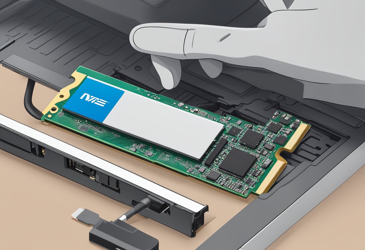 An NVMe M.2 SSD is being installed into a computer without an M.2 slot, demonstrating the process of how to do so