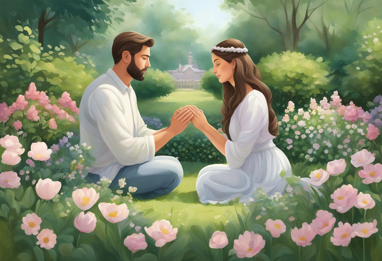 A couple sits together in a peaceful garden, surrounded by blooming flowers and lush greenery. They hold hands and bow their heads in prayer, seeking fertility and blessings for their future
