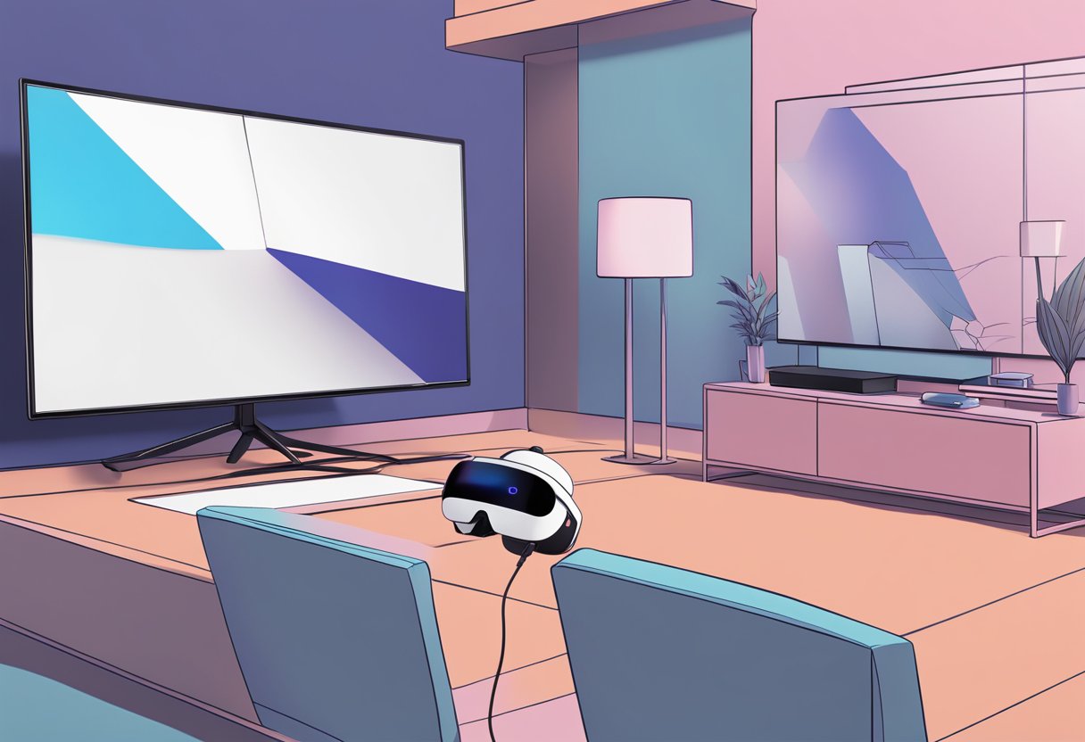 An Oculus Quest 2 headset is connected to a TV via HDMI, but the screen remains blank. The user is troubleshooting the issue by checking the cable connections and adjusting the settings on the headset
