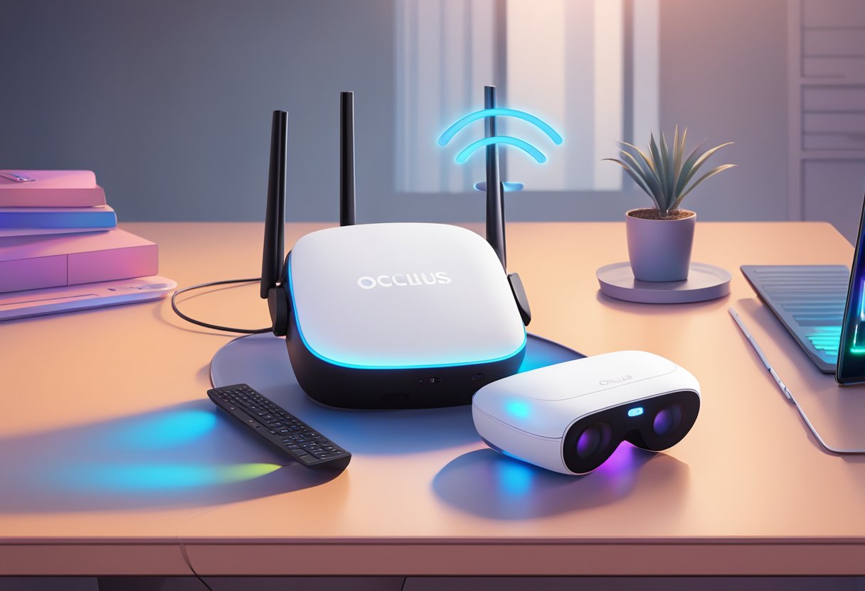 The Oculus Quest 2 sits on a table, its screen displaying a "Wi-Fi Connection Error" message. A router and a laptop are nearby, with the router's lights blinking