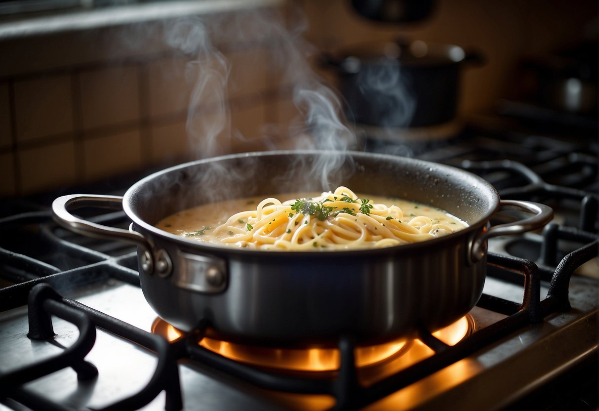 A pot of creamy carbonara sits on a stove. Steam rises as it is gently reheated, the rich aroma filling the kitchen