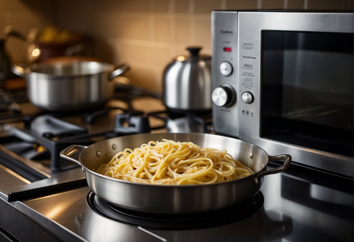 A pot of water boils on the stove. A bowl of leftover carbonara sits on the counter next to a microwave, ready to be reheated