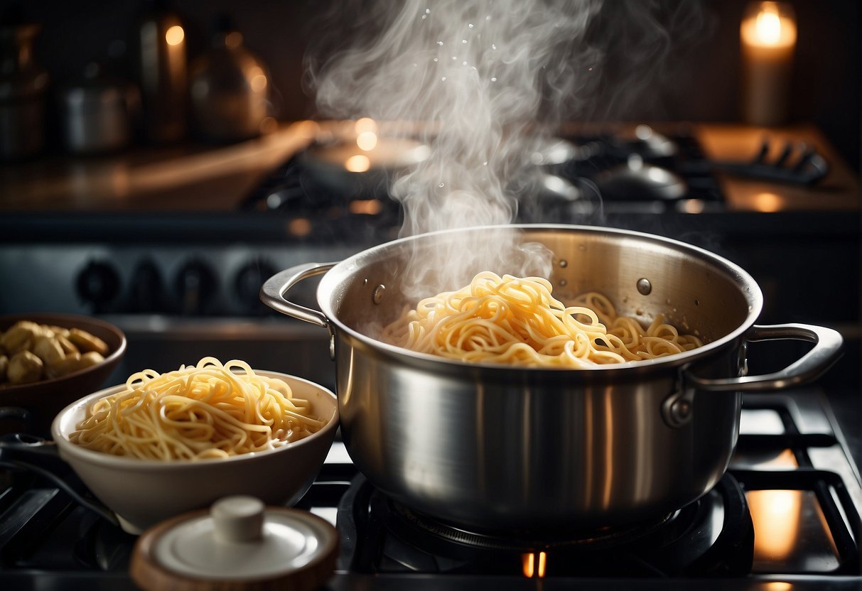 A pot of boiling water with a colander of pasta above it, steam rising, and a pan of carbonara on the stovetop