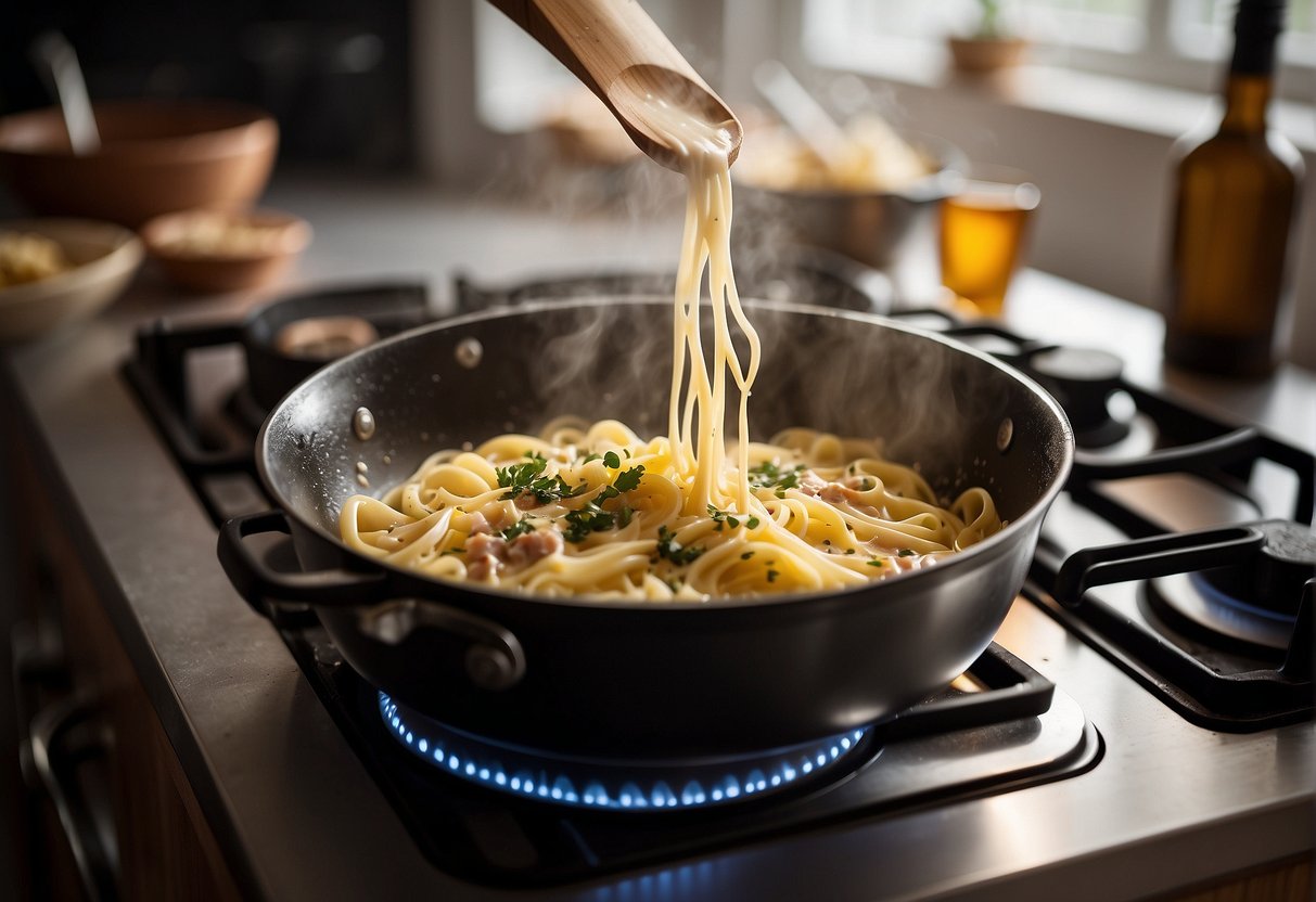 A pot of creamy carbonara sits on a stovetop. Steam rises as it is gently reheated, with a wooden spoon stirring the pasta to ensure even distribution of heat