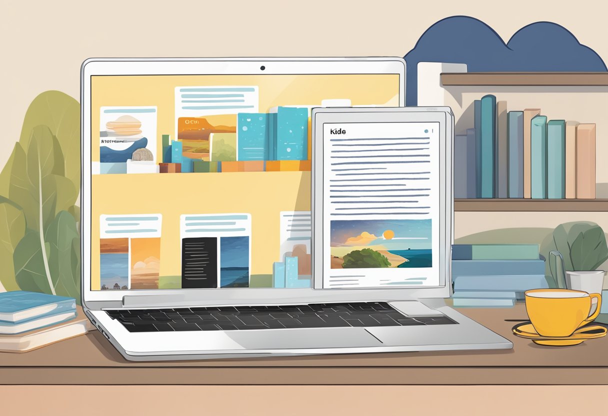 A laptop screen displaying the Kindle Cloud Reader homepage with a book cover and "Open" button highlighted