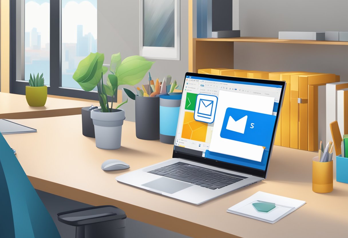 Outlook window open, shield icon displayed, "Run as Administrator" option selected