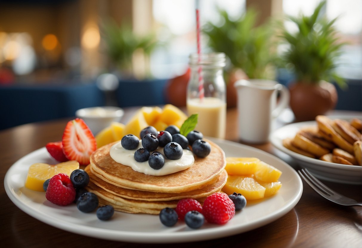 A colorful IHOP menu with a variety of vegan pancake options, surrounded by fresh fruits and plant-based ingredients