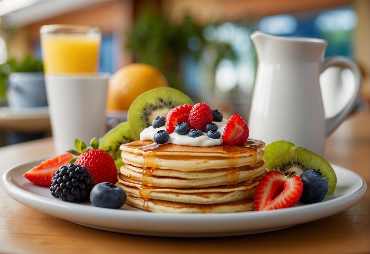 A colorful IHOP menu featuring a variety of vegan pancake options, surrounded by fresh fruits and plant-based toppings