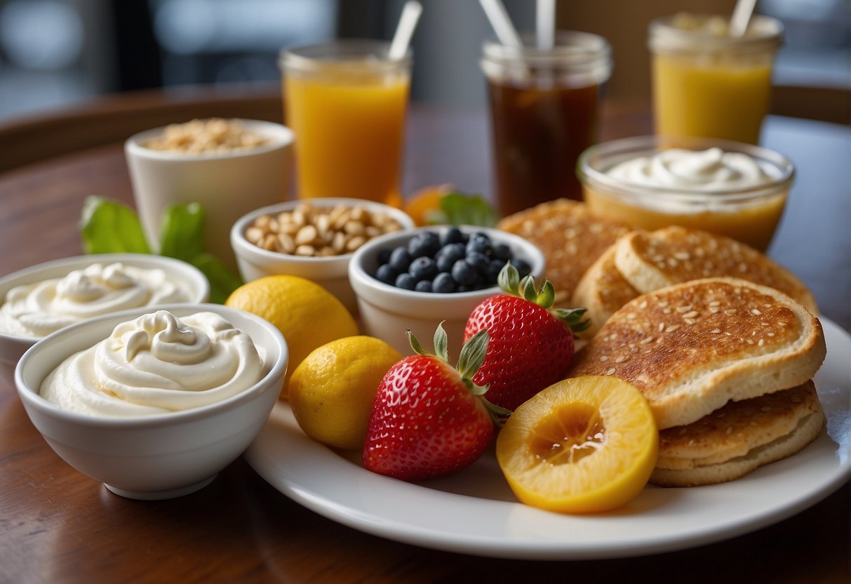 Various vegan condiments and toppings, such as fresh fruit, maple syrup, and dairy-free whipped cream, are displayed on a table at IHOP