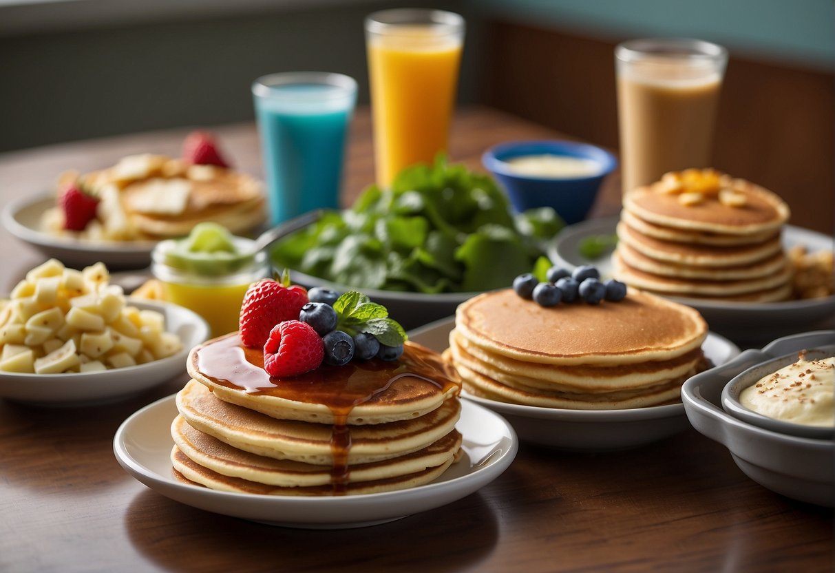 A colorful display of plant-based ingredients and vegan-friendly options at IHOP, including a variety of pancakes and toppings
