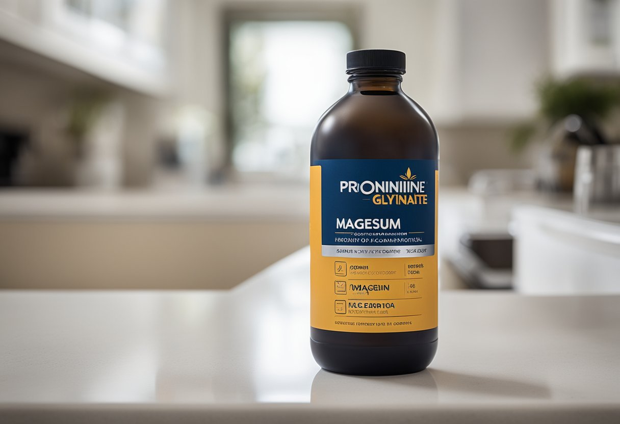 A bottle of magnesium glycinate sits next to a glass of water on a clean, white countertop. The label prominently displays the benefits for constipation relief