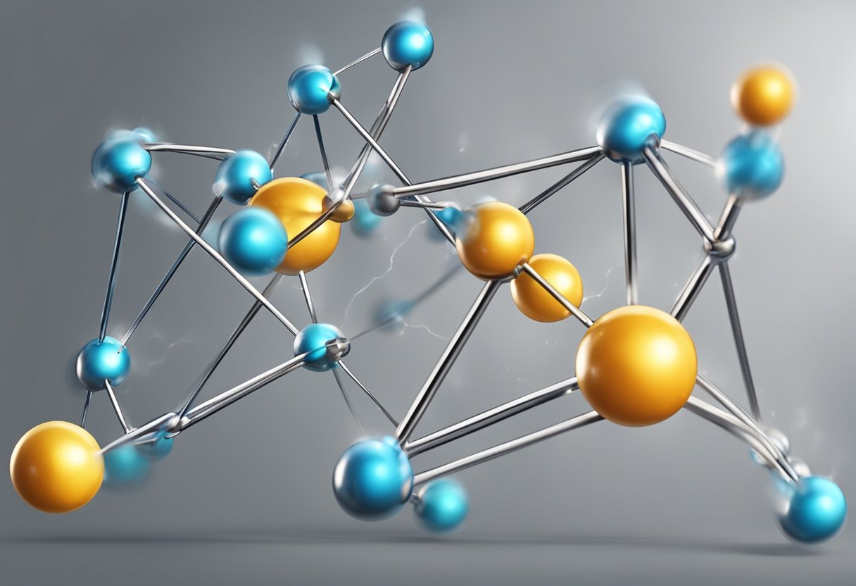 Magnesium and iron atoms attract and bond, exchanging electrons in a chemical reaction