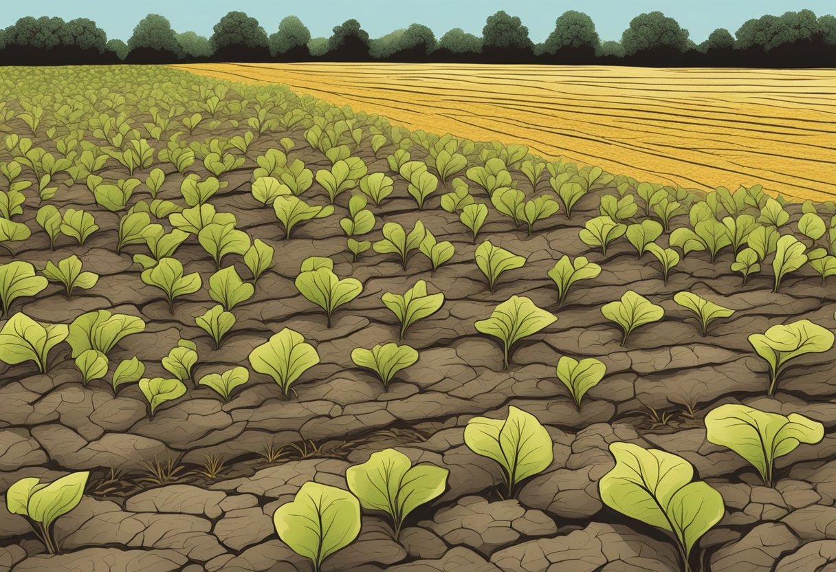 A barren field with wilted plants, showing signs of magnesium and iron deficiency. Yellowing leaves and stunted growth illustrate the health impacts