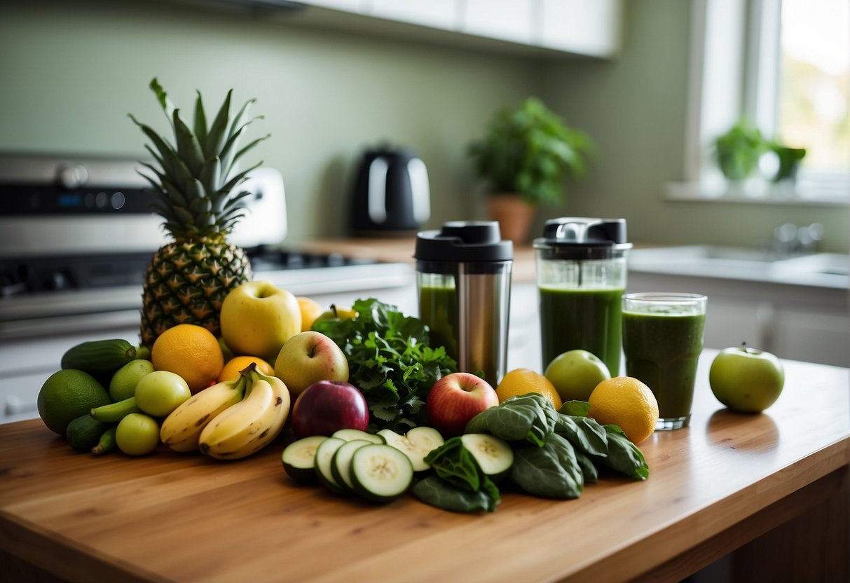 A variety of fruits and vegetables arranged on a kitchen counter, including spinach, kale, apples, bananas, and cucumbers, with a blender and a glass of green smoothie