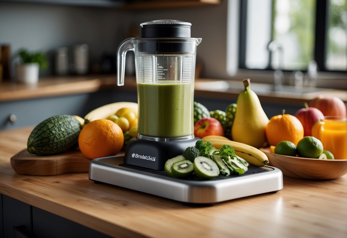 A kitchen counter with various fruits, vegetables, and a blender. A recipe book open to a page with 10-day green smoothie cleanse snack ideas