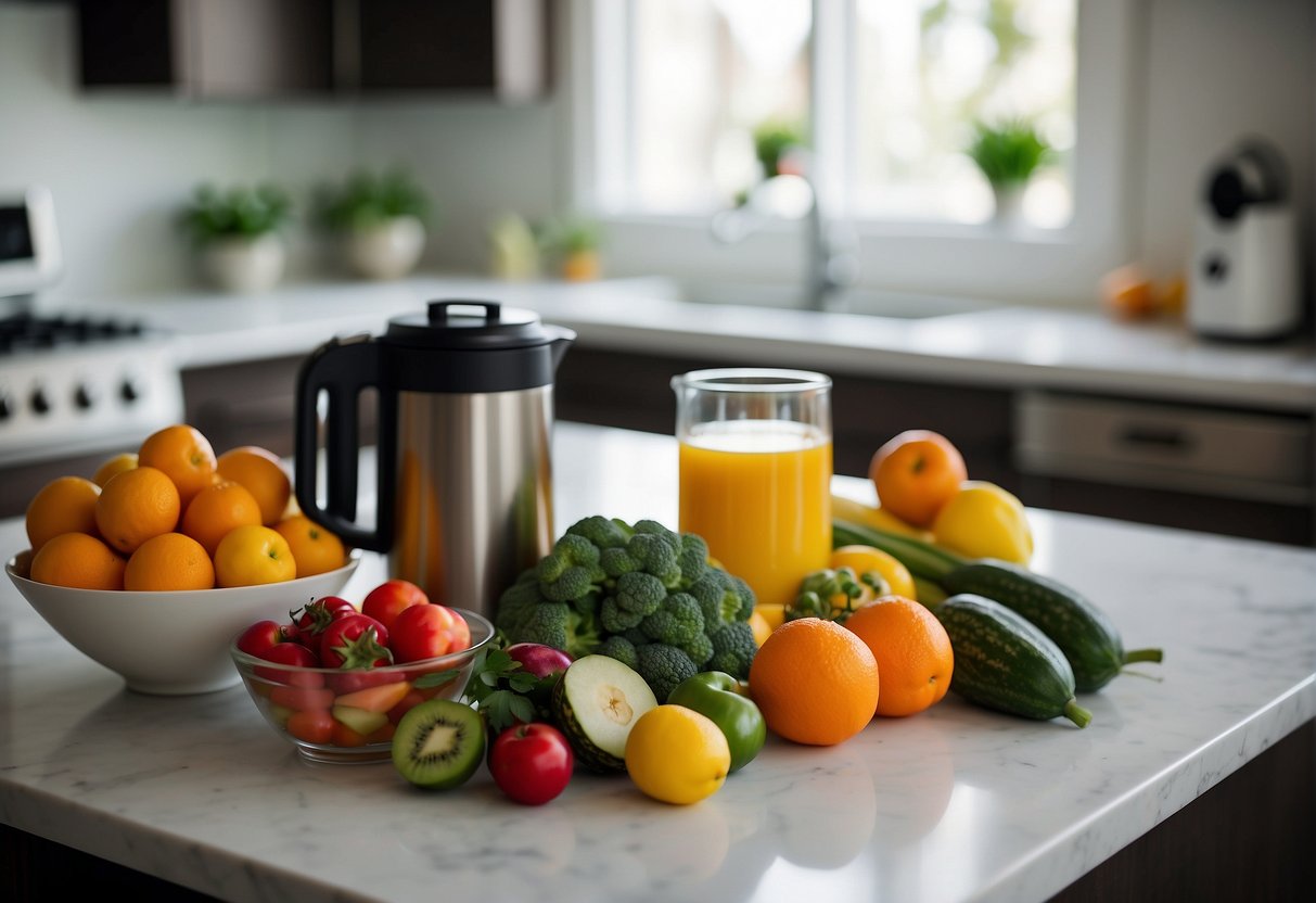 A colorful array of fresh fruits and vegetables arranged on a clean, white countertop, with a blender and a stack of recipe cards nearby