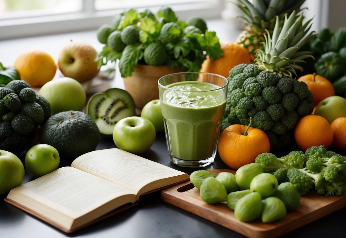 A variety of fresh green fruits and vegetables are spread out on a kitchen counter, along with a blender and recipe book. Ingredients for different green smoothie variations are visible