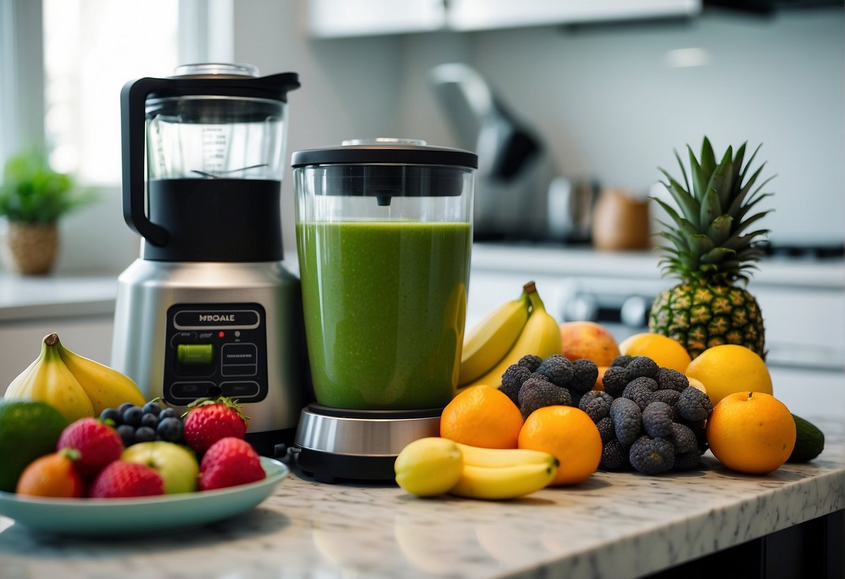 A colorful array of fruits and vegetables, a blender, and a glass of green smoothie on a clean kitchen counter. A yoga mat and running shoes in the background