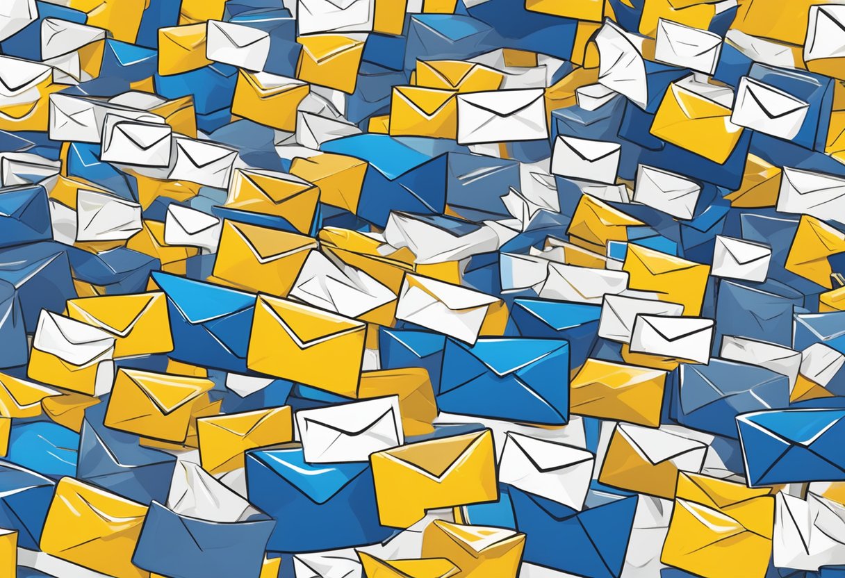 An overflowing email inbox with a mix of legitimate and spam emails, with the Outlook logo prominently displayed in the corner