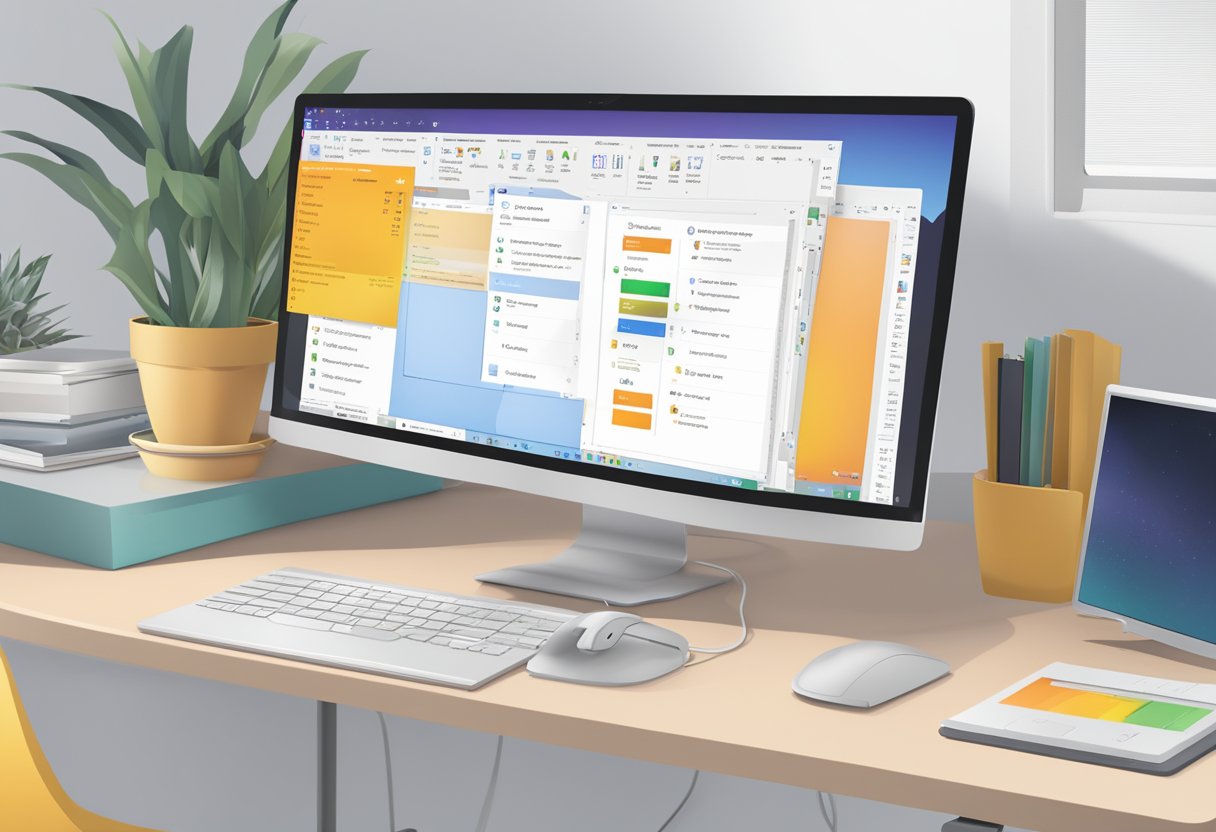 A computer screen with the Outlook interface open, showing the option to add or manage plugins. The screen is surrounded by a clean and organized workspace with a keyboard and mouse