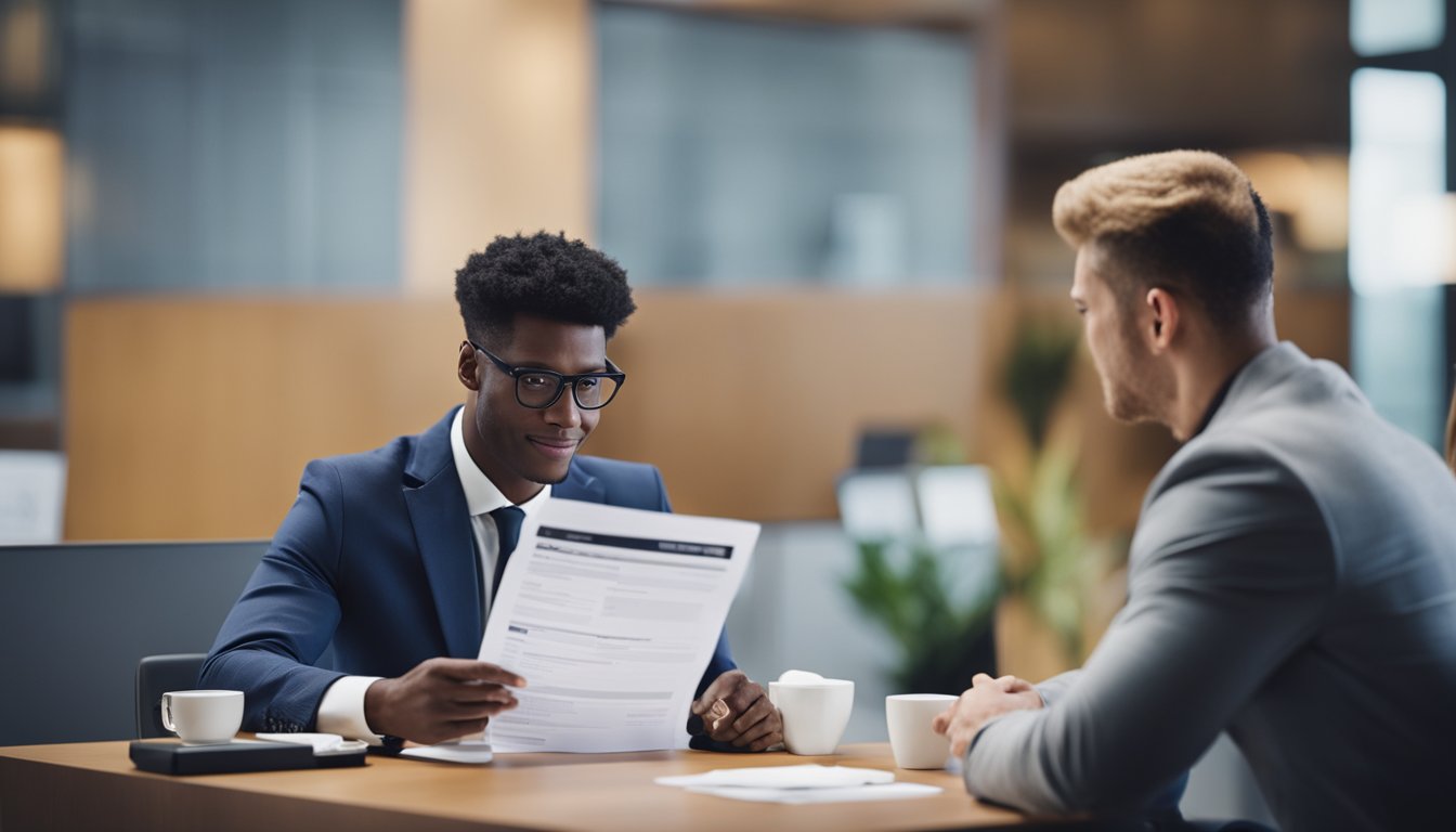 A bank officer reviews a loan application form while a customer waits nervously. Another officer discusses the pros and cons of secured and unsecured loans with a different customer