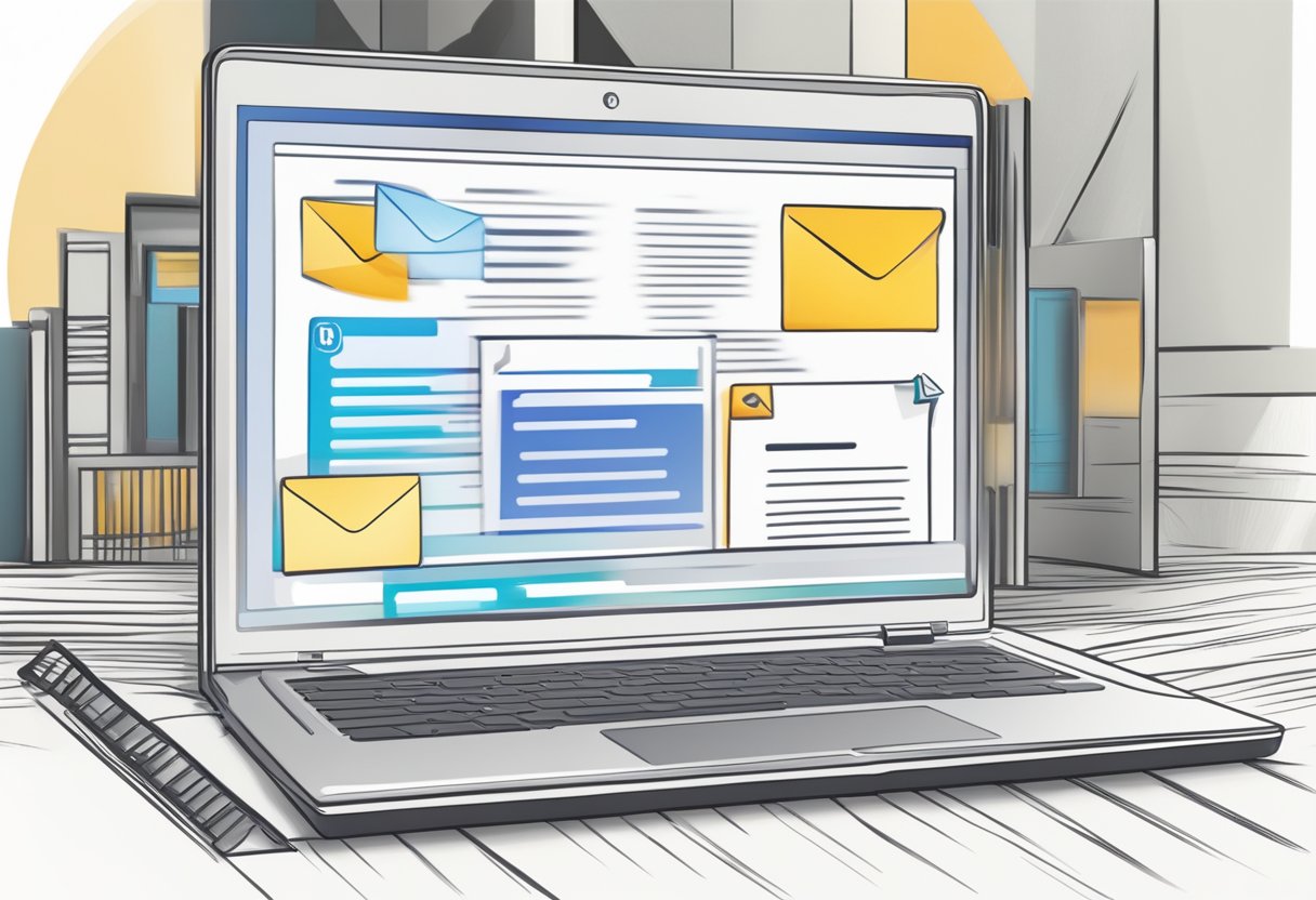 An open laptop with the Outlook email interface displayed, showing an email signature without images