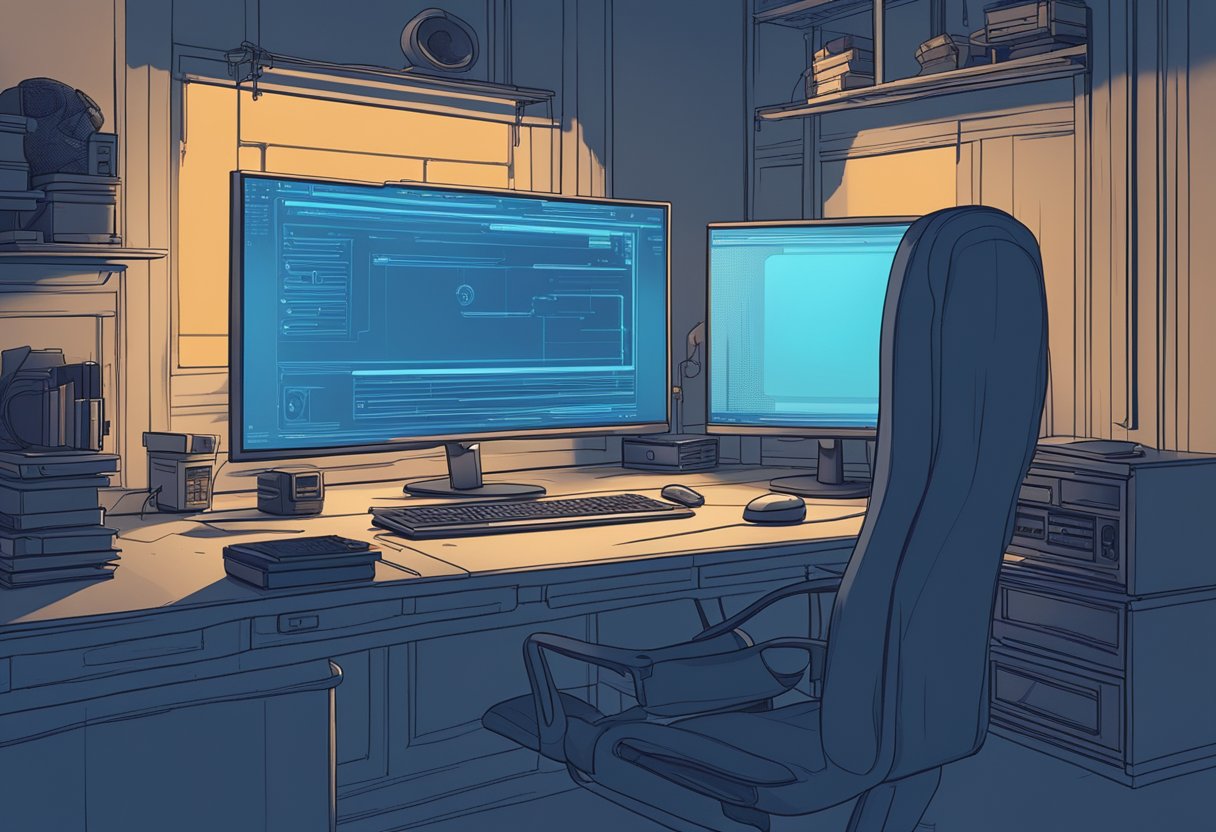 A computer screen displays an error message "Rendering Device Lost" in the midst of an intense gaming session. The room is dimly lit, with the glow of the screen casting a blue hue on the surroundings