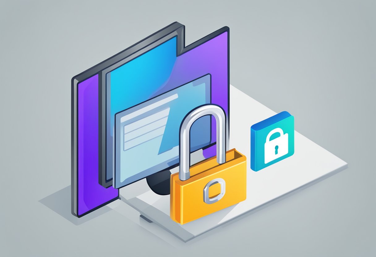 A computer screen displaying a folder icon with a lock symbol, a text box prompting for a password, and a Windows 10 logo in the corner