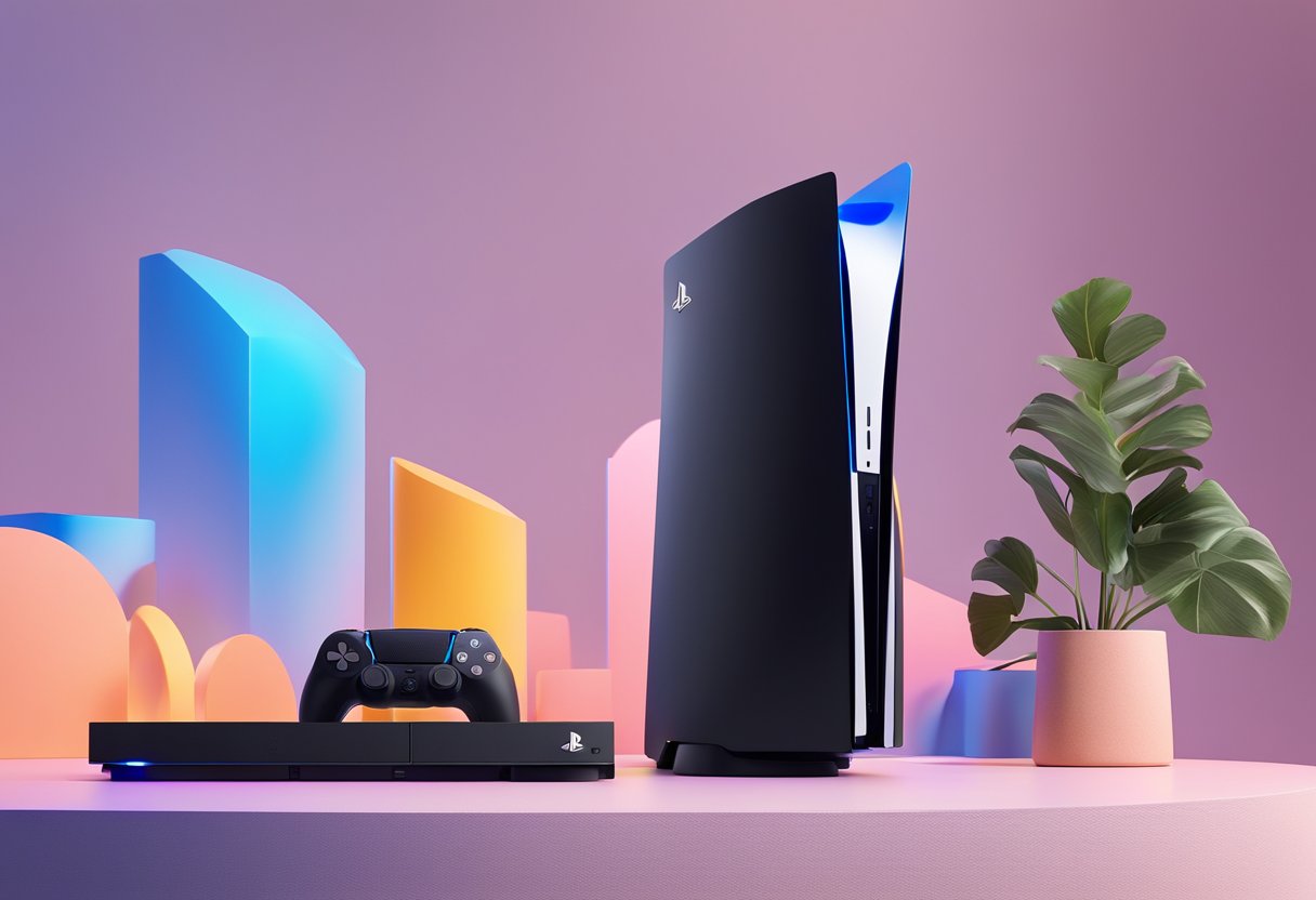 The PS5 console sits on a sleek entertainment unit, with a stack of Blu-ray discs nearby. The console's Blu-ray capabilities are highlighted, with a vibrant display of the disc being inserted into the console