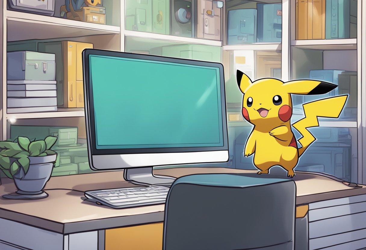 Pokemon Unite account reset: Device screen shows "Preparing for Account Reset." Player's avatar stands in front of a computer, looking frustrated