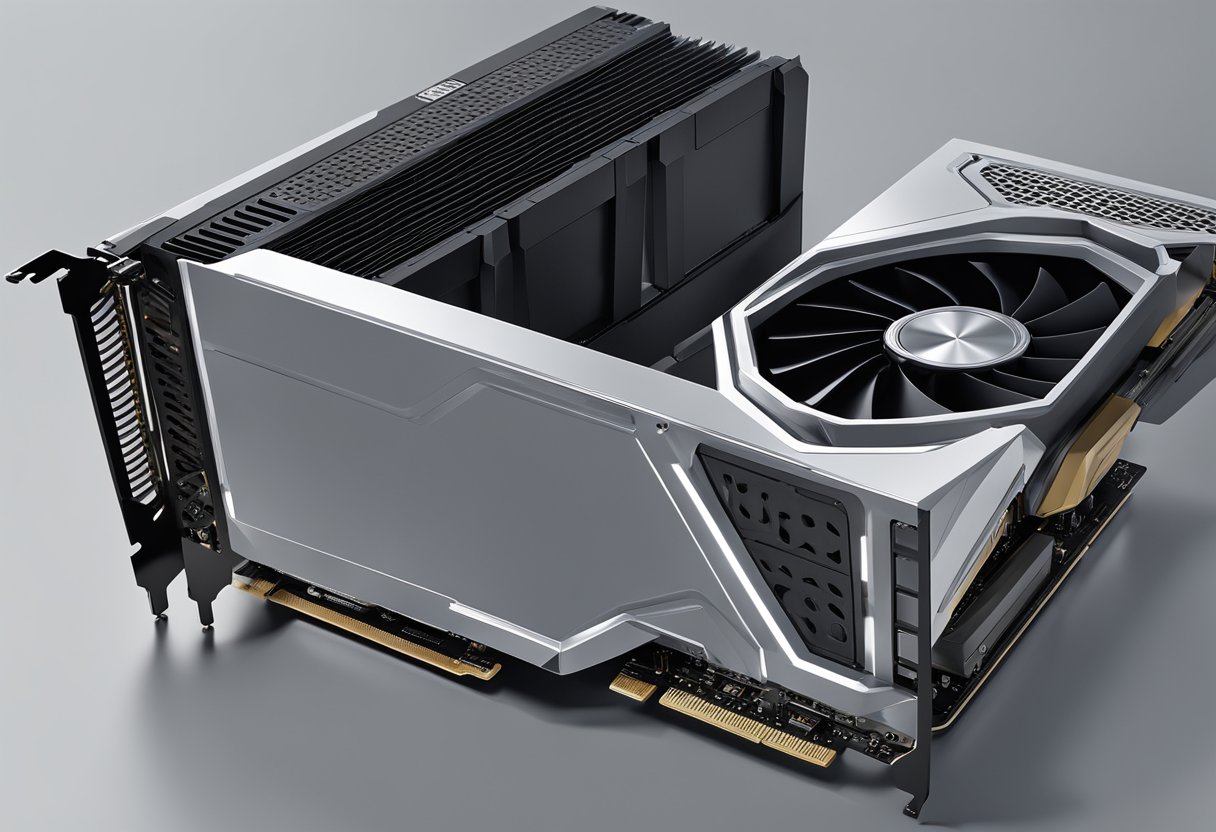 A professional GPU stands tall and powerful, surrounded by advanced cooling systems and intricate circuitry. In contrast, a consumer GPU appears smaller and less complex, with basic cooling features